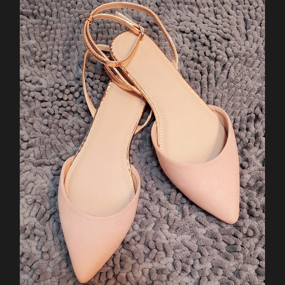New Pointed Wide Flats Pale Beige Rose Gold Straps